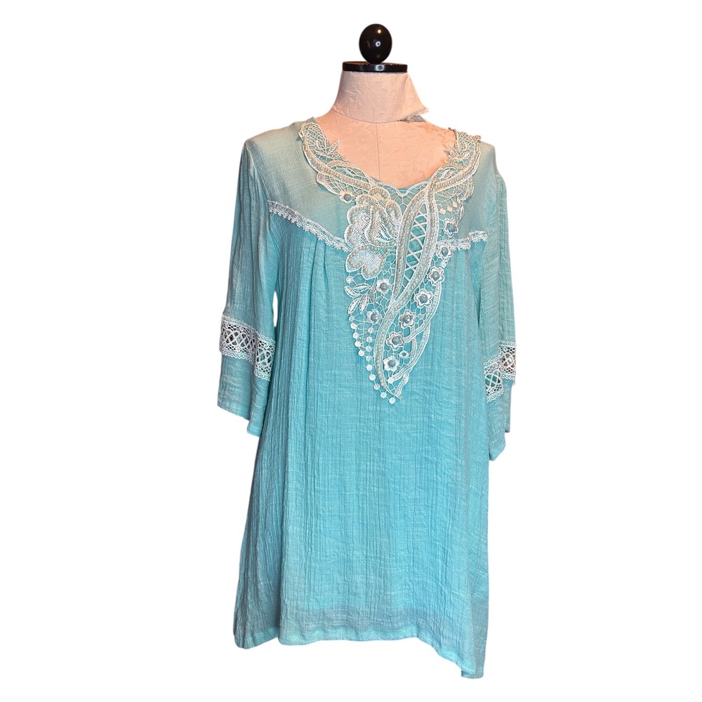 Pretty Angel Boho Lace‎ Crochet Tunic Top Turquoise Pearl Embellished S VTG